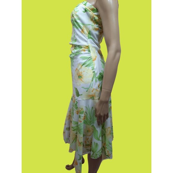 90s Y2K Strapless Floral Mesh Dress Size M White Yellow Green Midi Length Ruched - Picture 4 of 8